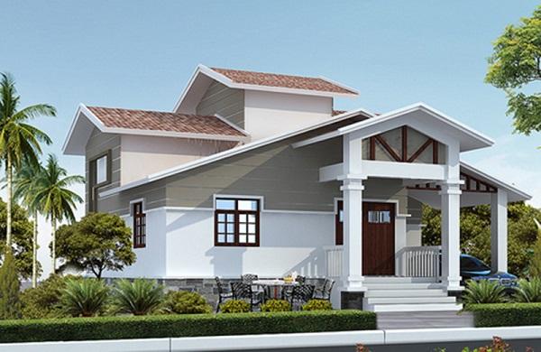 Phối cảnh 3D một căn biệt thự mái thái, xung quanh có nhiều cây cối.