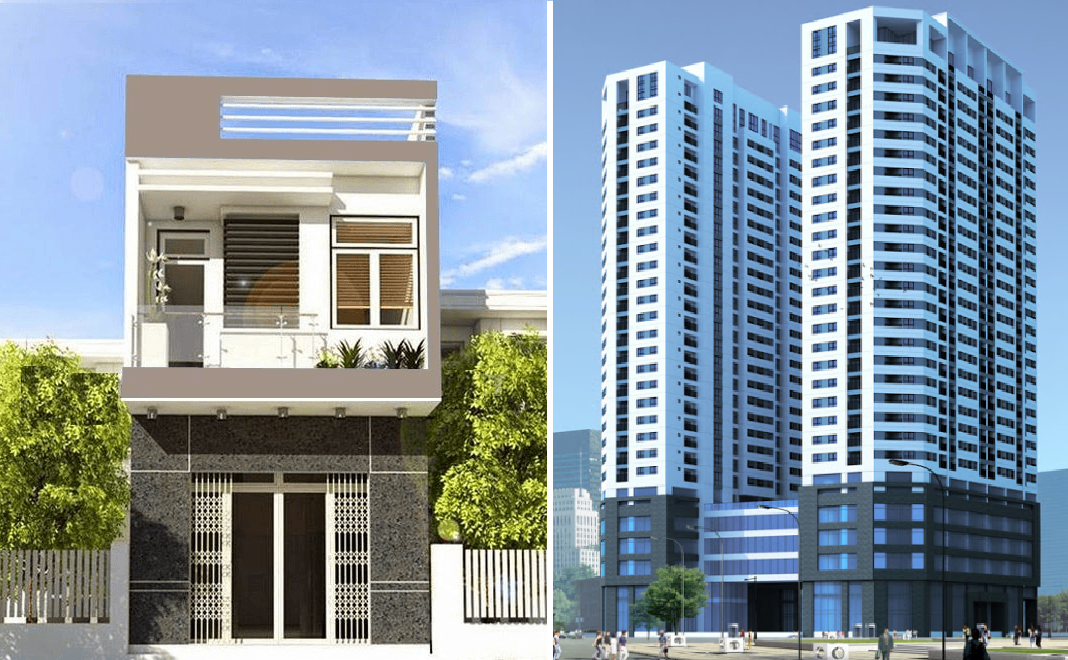 một ngôi nhà và một tòa nhà chung cư