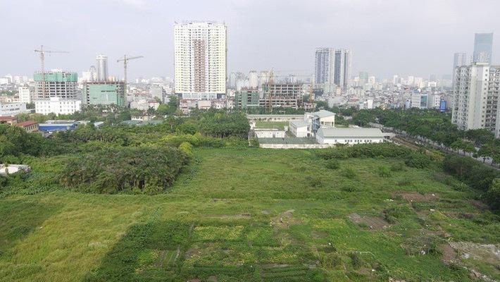 khu đất trống có tòa nhà cao tầng ở phía xa