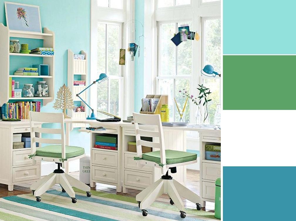 góc làm việc màu xanh
