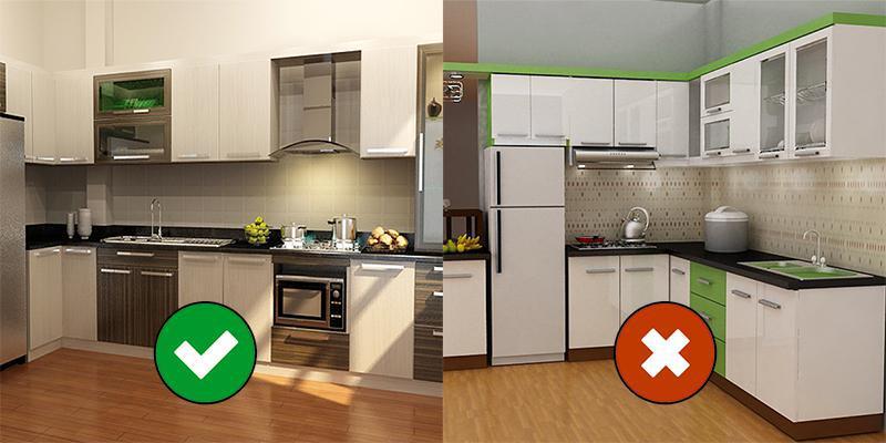 Ảnh ghép hai căn bếp, bên trái có tích xanh, bên phải dấu đỏ