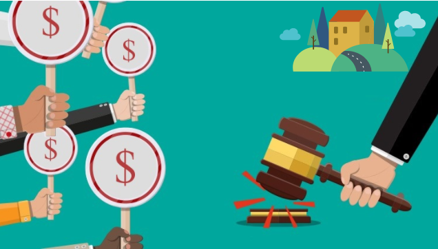 hình ảnh nhiều bàn tay đang giơ bảng tiền để đấu giá đất