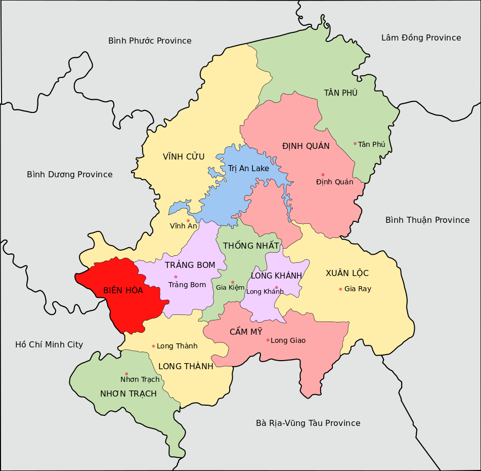Bản đồ địa lý của thành phố Biên Hòa (vùng màu đỏ)