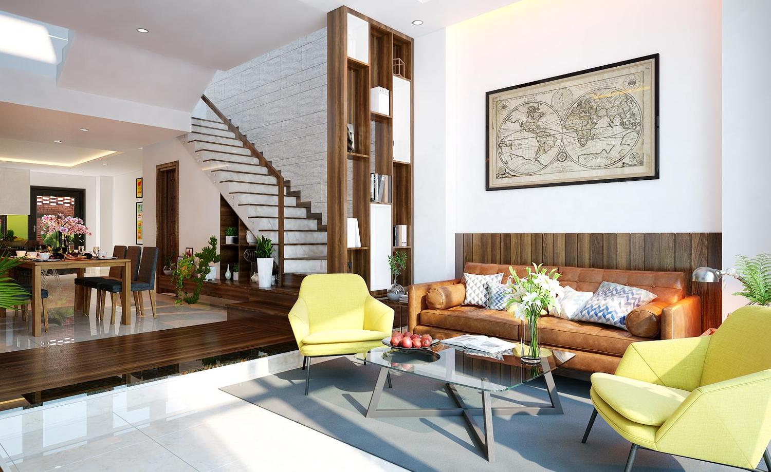 Mẫu vách ngăn cầu thang kết hợp kệ để đồ