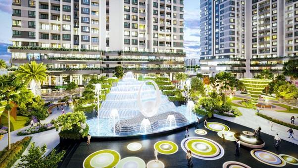 toà nhà cao tầng có khu công viên phía trước