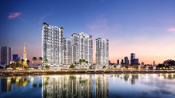 toà nhà cao tầng có sông hồ phía trước