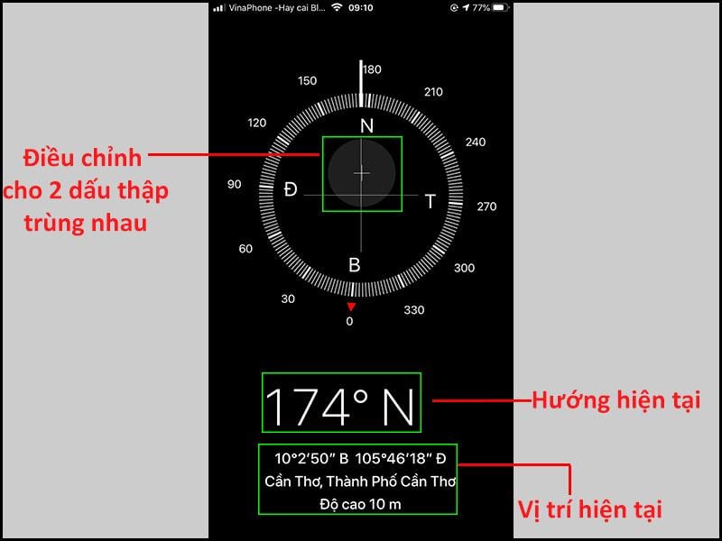 Cách xem la bàn chính xác là điều chỉnh để 2 dấu thập trùng nhau