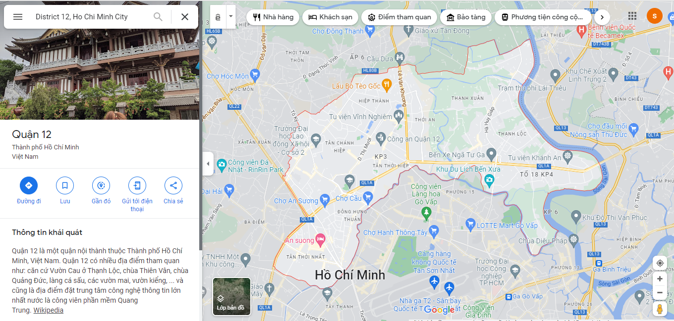 Định vị quận 12 trên google map