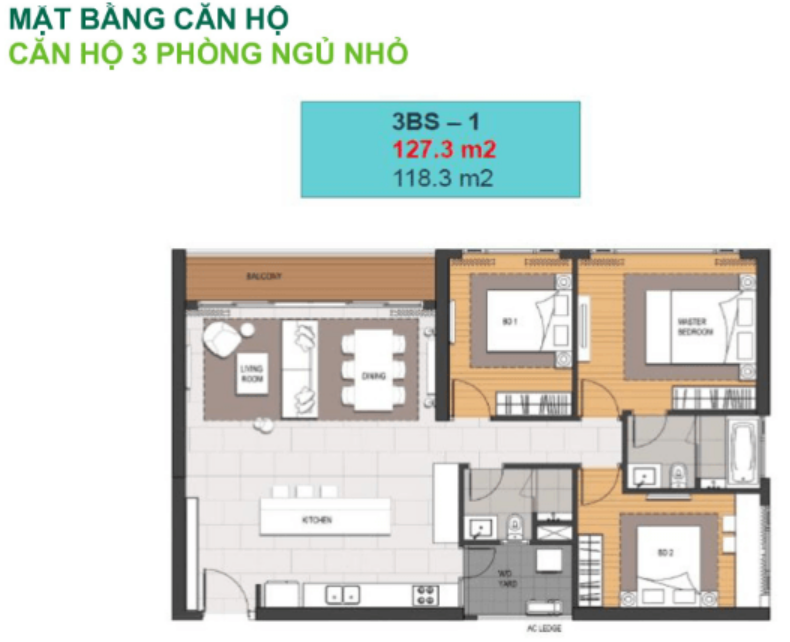 Mặt bằng căn hộ 3 phòng ngủ nhỏ Linden Residence