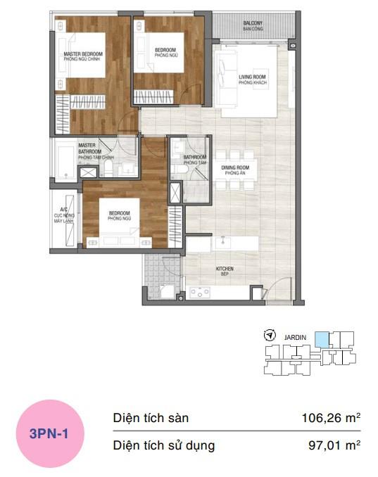Mặt bằng căn hộ One Verandah 3 phòng ngủ loại 1