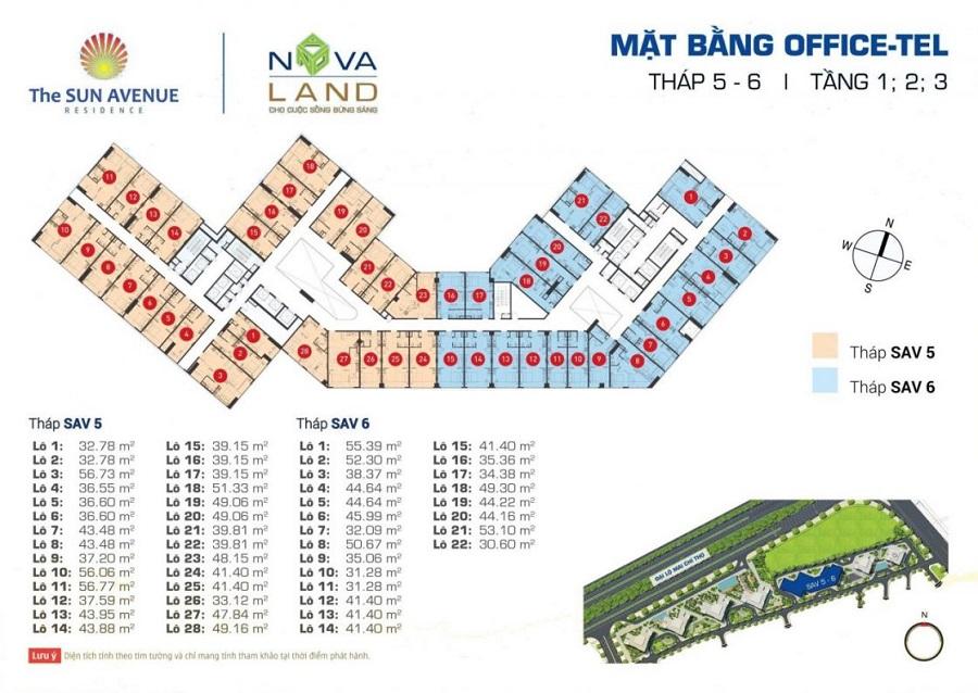 Mặt bằng Officetel tại The Sun Avenue tháp 5-6
