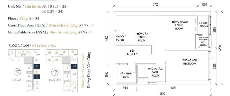 mặt bằng căn hộ 58m2 dự án feliz en vista