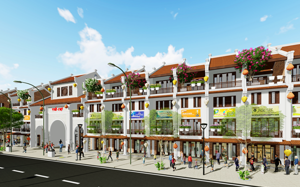 Dãy nhà phố 4 tầng có cửa hàng kinh doanh nằm sát đường lớn và nhiều người đang đi lại