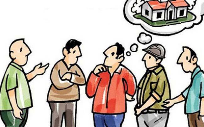 Hình vẽ 5 người đàn ông đang đứng trao đổi về việc xây nhà.