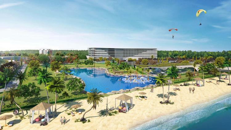 Toàn cảnh một dự án bất động sản nghỉ dưỡng tại bà rịa - vũng tàu, nhiều cây cối, hồ bơi xanh trong, bãi cát trắng trải dài