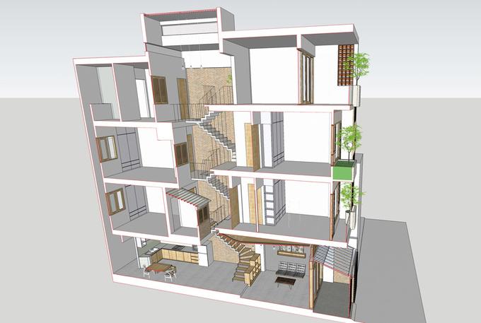 mặt cắt 3D nhà ống 4 tầng