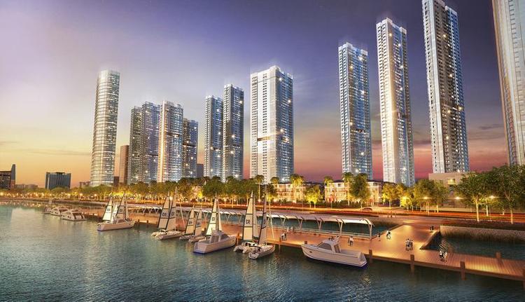 nhiều tòa nhà chung cư bên bờ sông