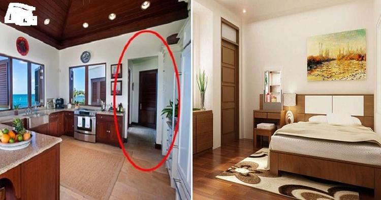 Ảnh ghép một bên phòng ngủ một bên phòng bếp, vị trí bếp đối diện cửa phòng ngủ.