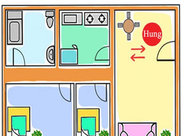 Ảnh vẽ mô phỏng vị trí bếp gần cửa ra vào.