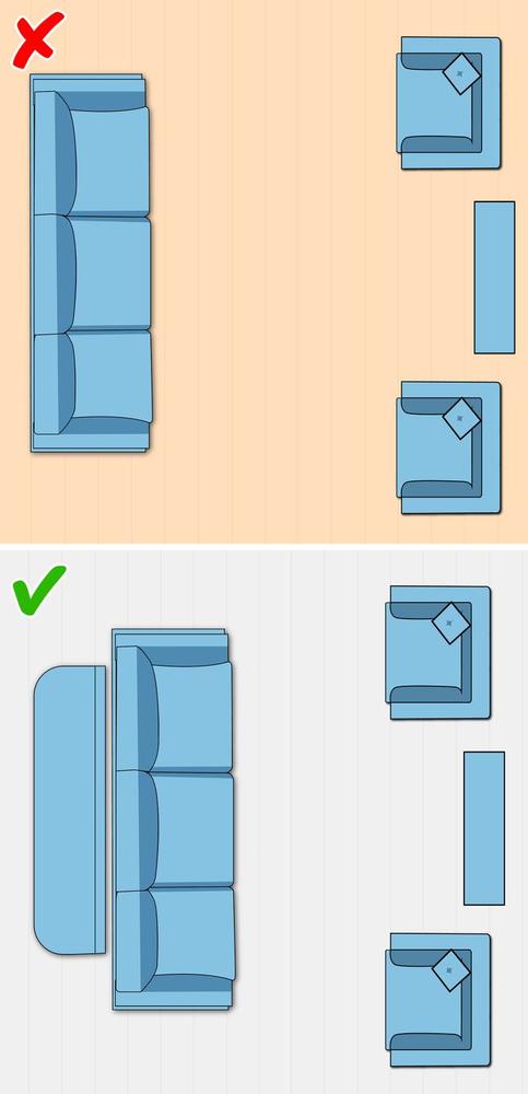 Không kê nội thất sát tường cũng là cách nới rộng không gian phòng khách nhỏ