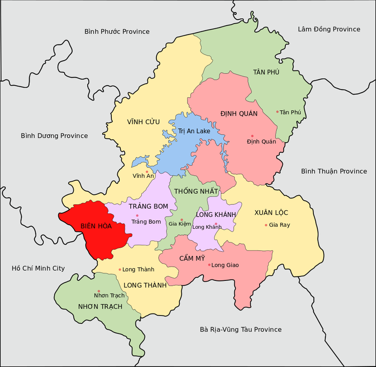 Bản đồ địa lý của thành phố Biên Hòa (vùng màu đỏ)