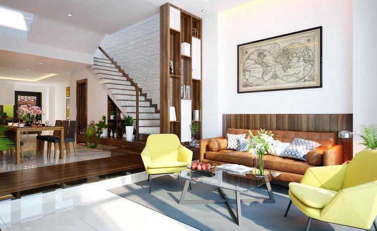 Mẫu vách ngăn cầu thang kết hợp kệ để đồ