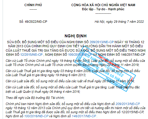 Ảnh chụp Nghị định 49/2022/NĐ-CP sửa đổi Nghị định hướng dẫn Luật Thuế GTGT trên website ThuVienPhapLuat.vn
