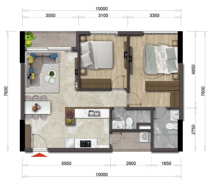Mặt bằng căn hộ Mizuki Park diện tích 74m2, 2PN, 2 WC