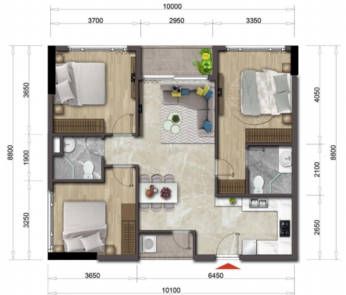 Mặt bằng căn hộ Mizuki Park diện tích 86m2, 3PN, 2 WC
