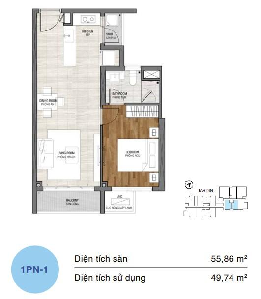 Mặt bằng căn hộ One Verandah 1 phòng ngủ loại 1
