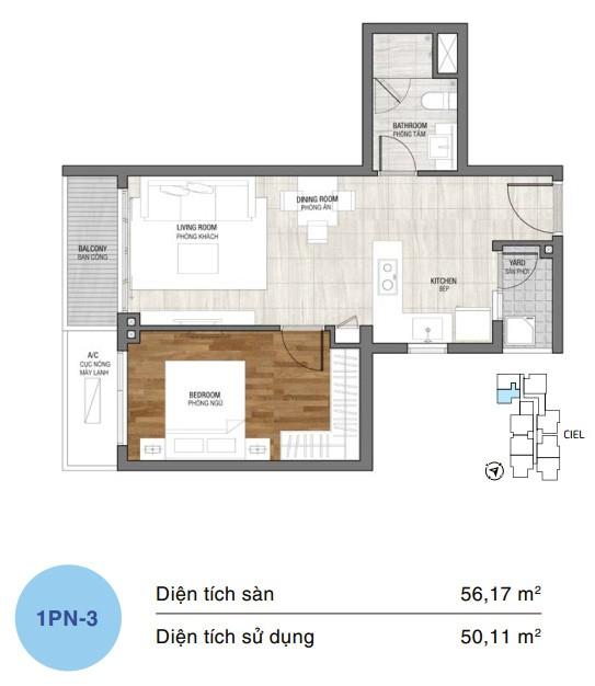 Mặt bằng căn hộ One Verandah 1 phòng ngủ loại 3