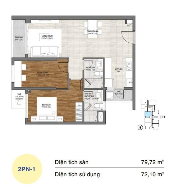 Mặt bằng căn hộ One Verandah 2 phòng ngủ loại 1