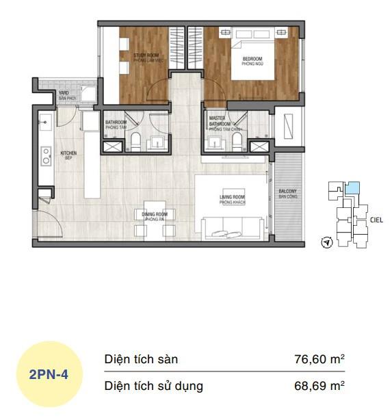 Mặt bằng căn hộ One Verandah 2 phòng ngủ loại 4