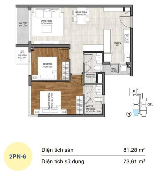 Mặt bằng căn hộ One Verandah 2 phòng ngủ loại 6