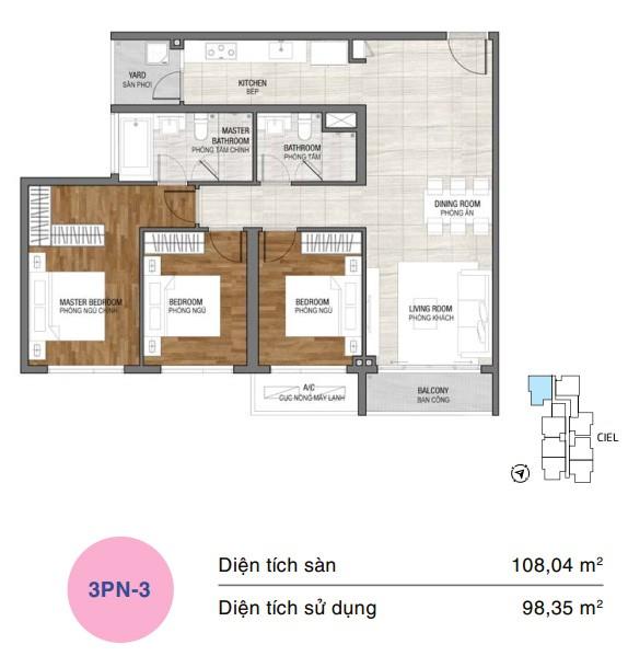 Mặt bằng căn hộ One Verandah 3 phòng ngủ loại 3