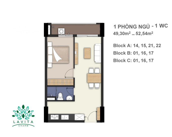 Mặt bằng Lavita Charm căn hộ 1 phòng ngủ