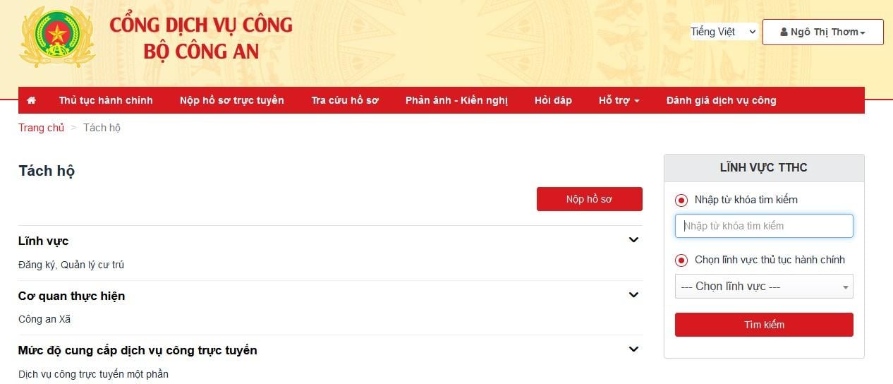 Người dân làm thủ tục tách khẩu online thông qua Cổng dịch vụ công Bộ Công an