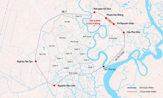 Bản đồ đường Vành đai 2 TP.HCM. 