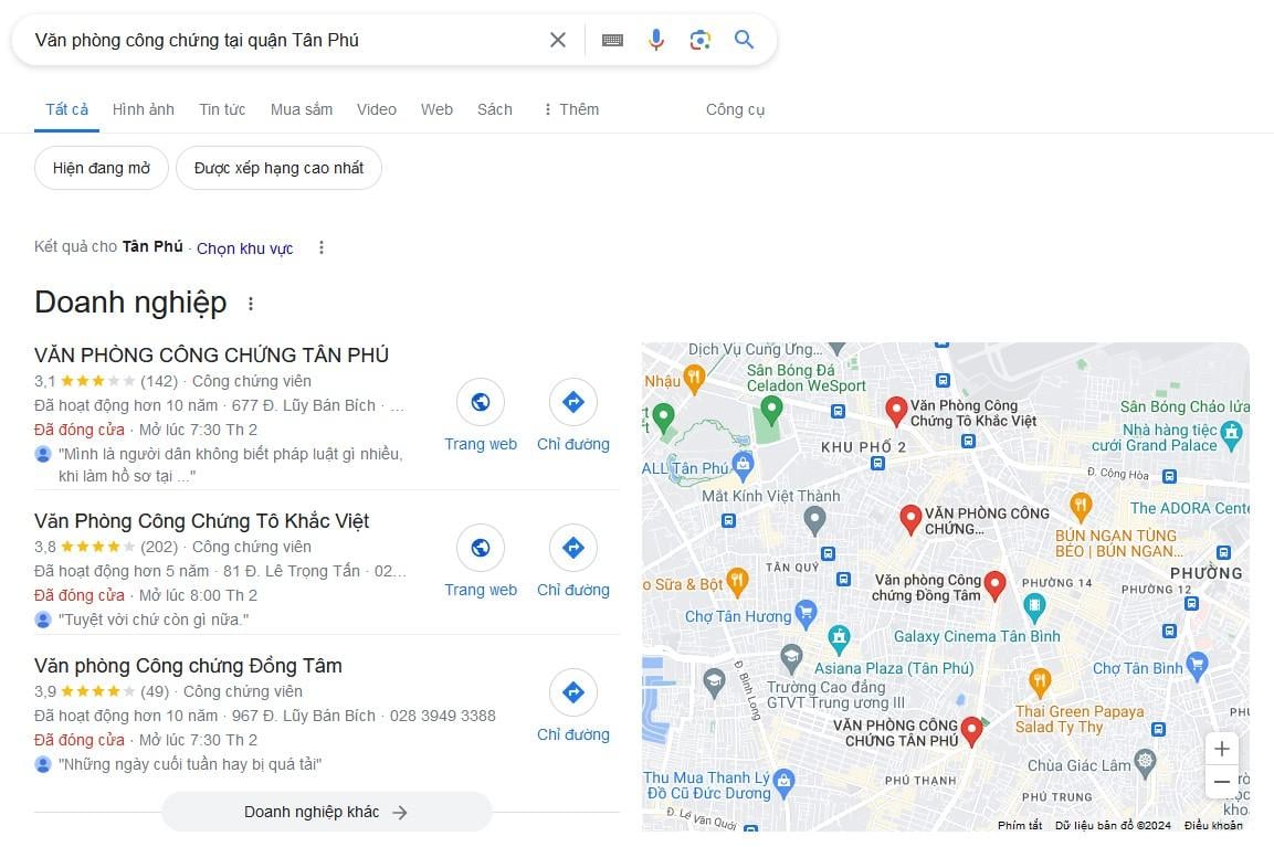 Tìm kiếm văn phòng công chứng ở Tân Phú trên Google.com