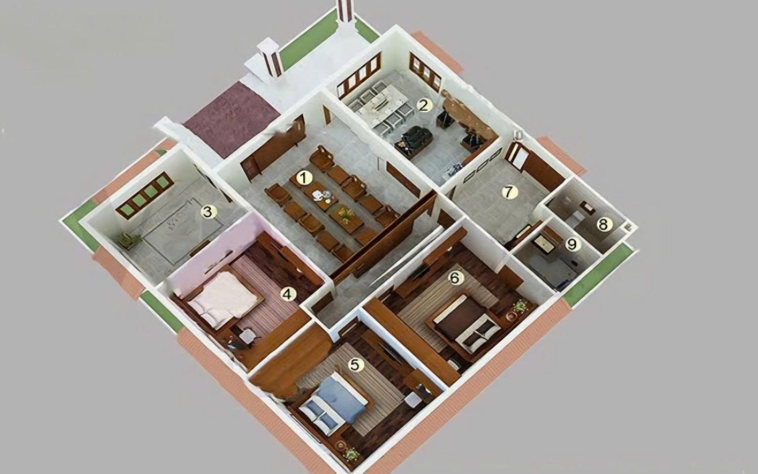 Bản vẽ nhà cấp 4 có 3 phòng ngủ cho thửa đất hình vuông