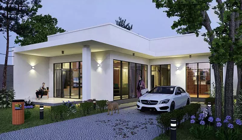 Nhà cấp 4 mái bằng chữ L có thêm không gian để xe