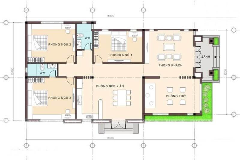 Thiết kế nhà cấp 4 mái bằng 3 phòng ngủ, cho gia đình có 3 thế hệ
