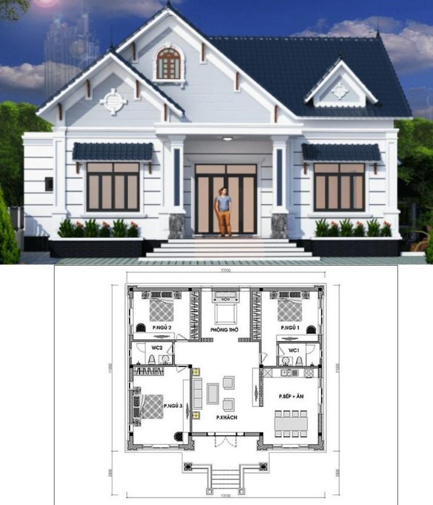 Mẫu nhà đẹp 1 tầng 3 phòng ngủ tiện 