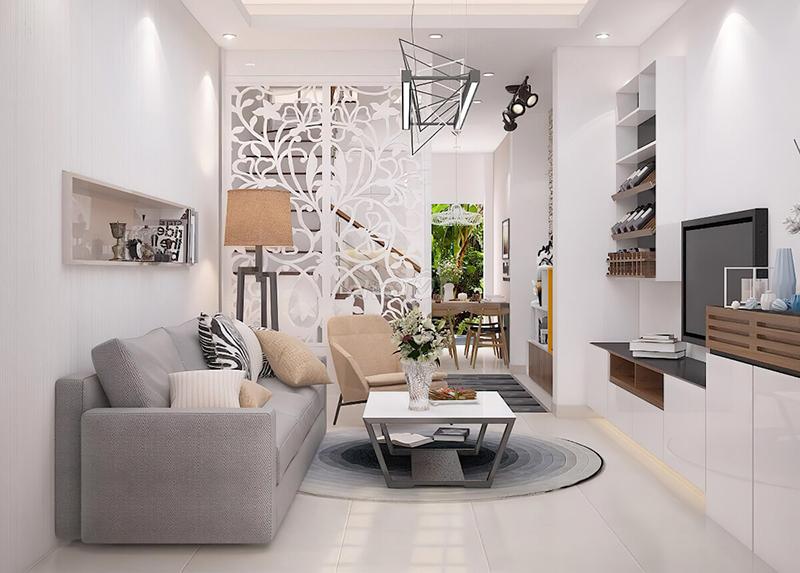 Mẫu thiết kế phòng khách nhà ống nội thất xám