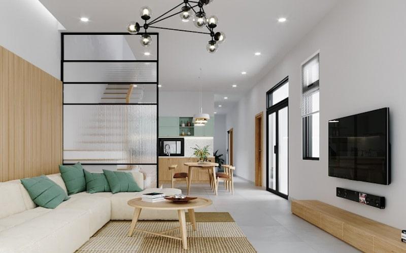 Thiết kế phòng khách liền bếp có vách ngăn kính
