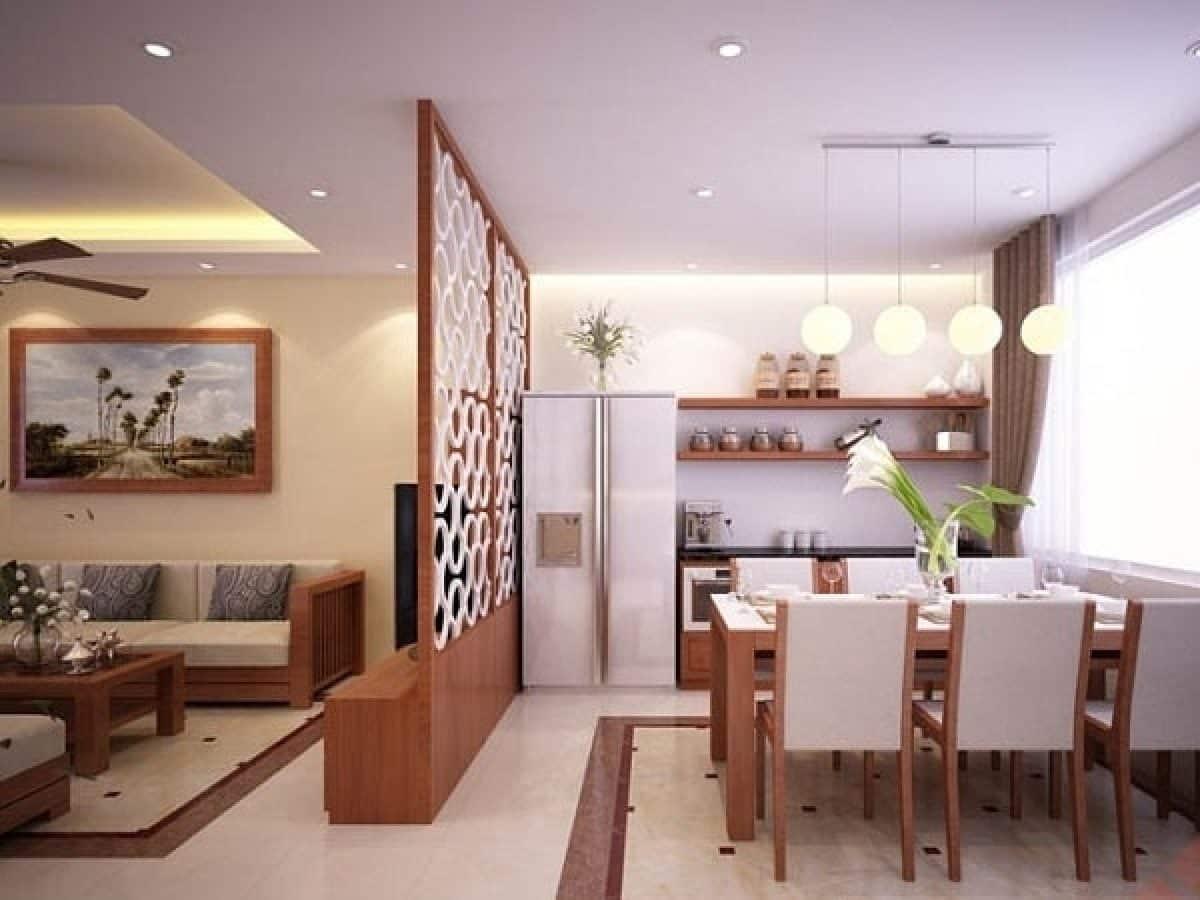 Mẫu thiết kế phòng khách liền bếp đơn giản