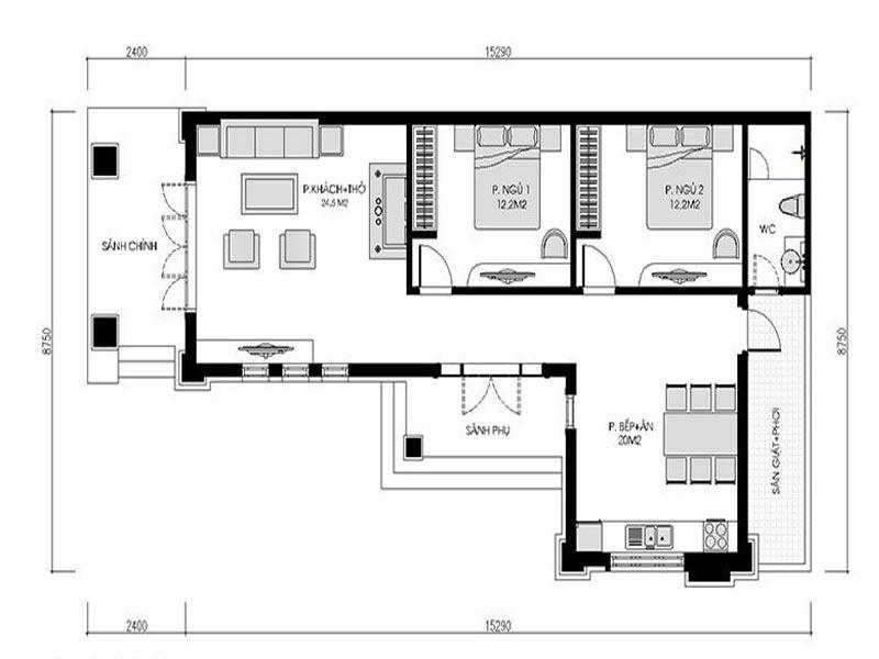 Thiết kế mẫu nhà cấp 4 chữ L giá 300 triệu 2 phòng ngủ. 