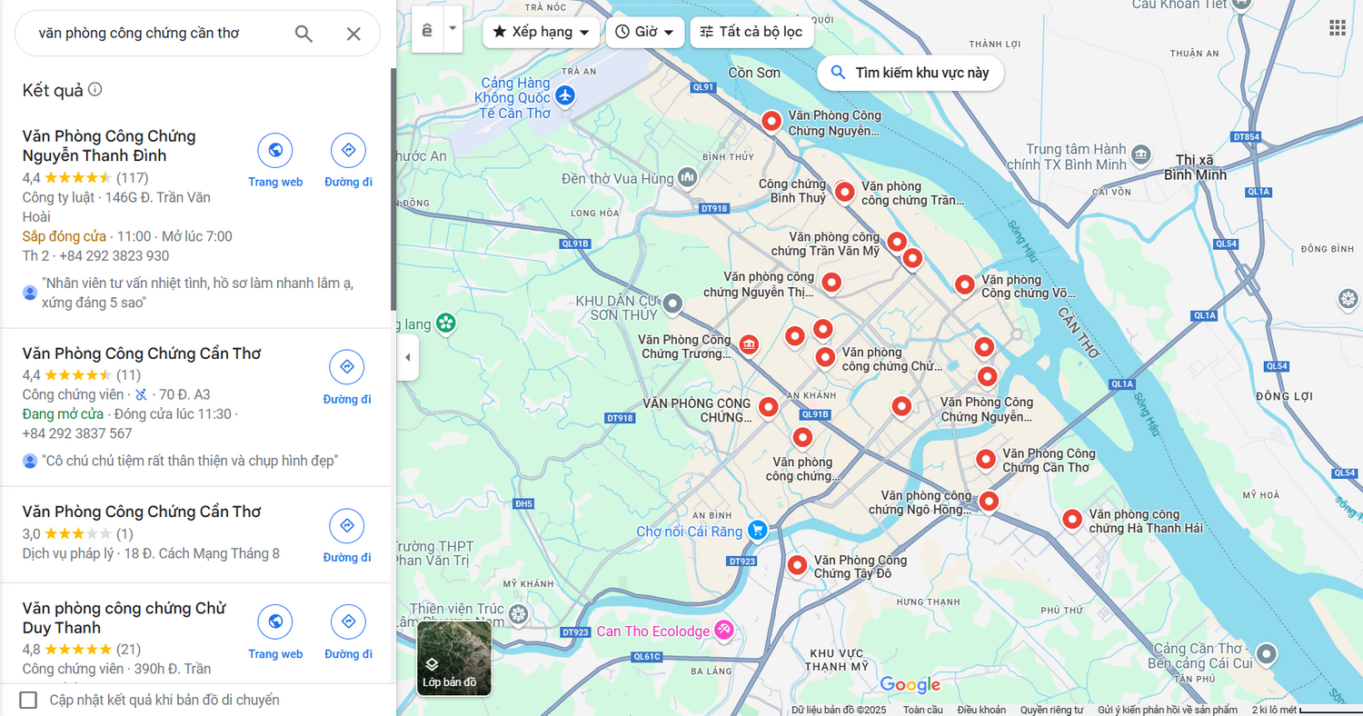 Cách tìm kiếm văn phòng công chứng Cần Thơ gần đây trên Google maps. Ảnh chụp màn hình
