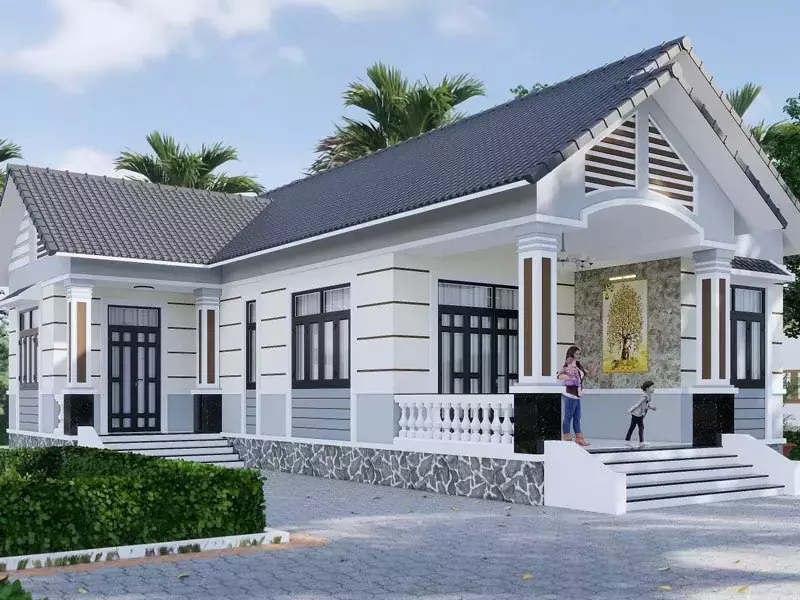 Mẫu nhà cấp 4 chữ L mái thái sân đá.