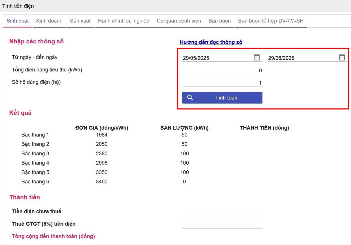 Tính tiền điện online trên website EVN